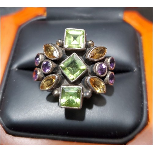 Estate 2.40Ct Peridot Citrine Amethyst Ring marked NB India Sterling $1Nr